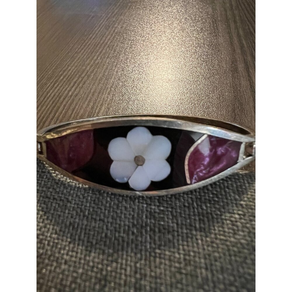Vintage Mexican Silver & Enamel Bangle Bracelet With Floral Design